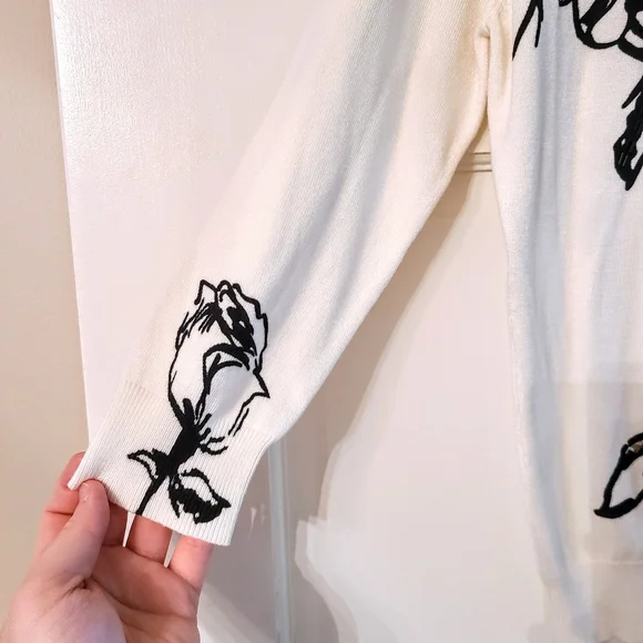 Joseph A. Creamy White Button-Up Sweater w/ Black Floral & Gold Beaded Design - Picture 3 of 7
